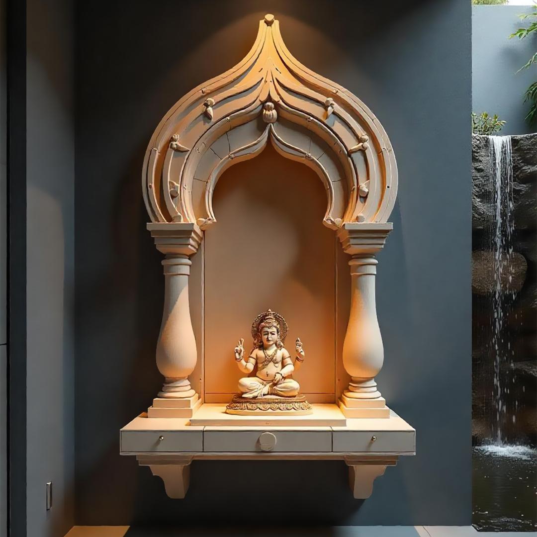 Wall-Mounted Plywood Mandir Design