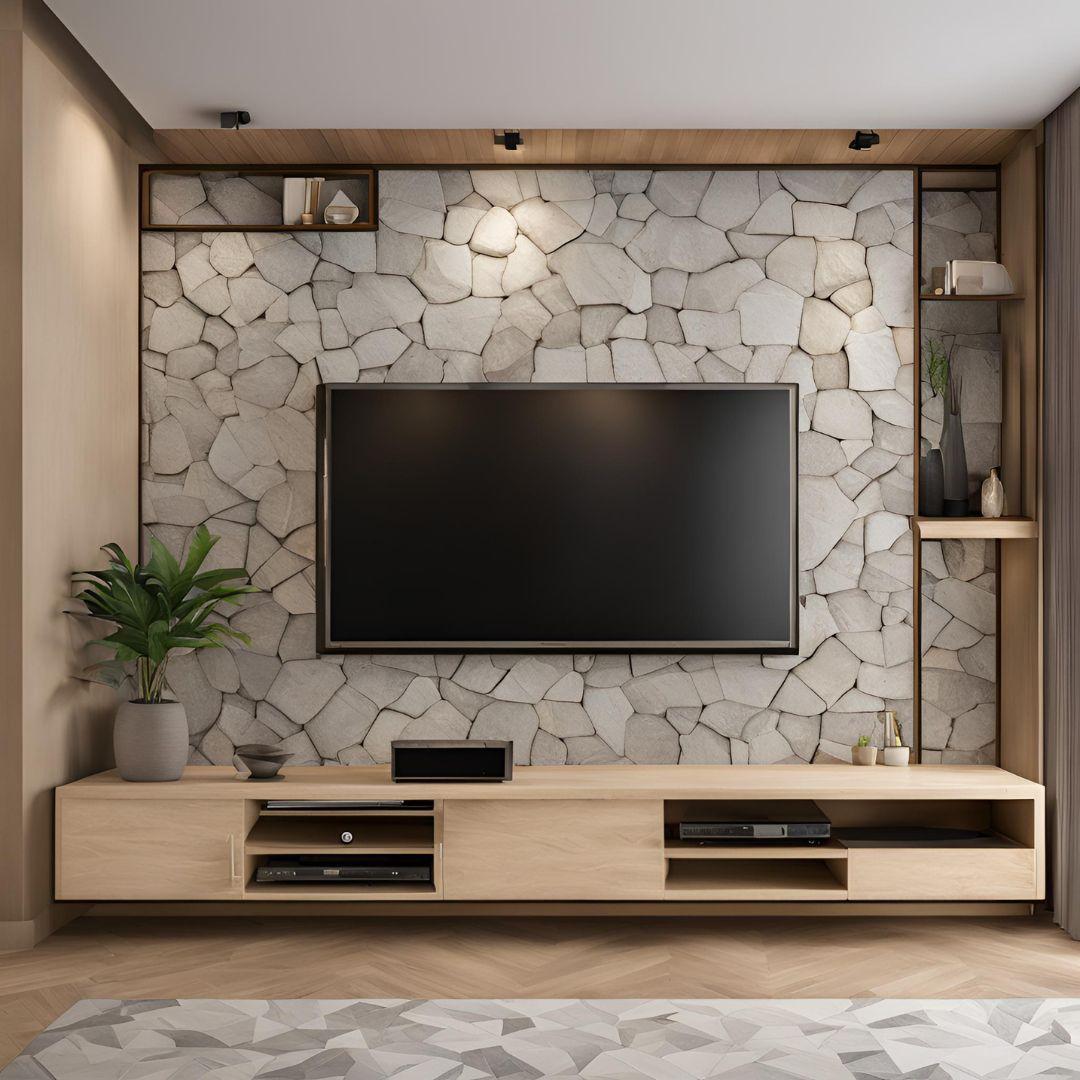 Plywood TV Unit Design with Stone POP