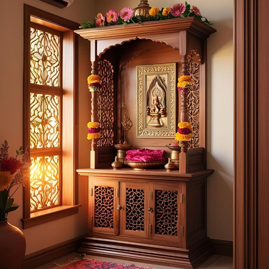 Wooden Puja Unit with Jali Partition