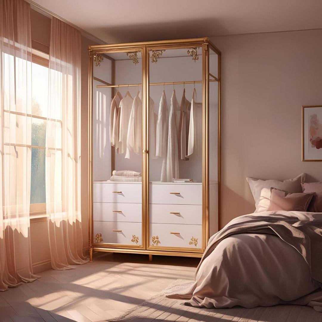 A Bedroom with a Glass Front Wardrobe with Gold Frames