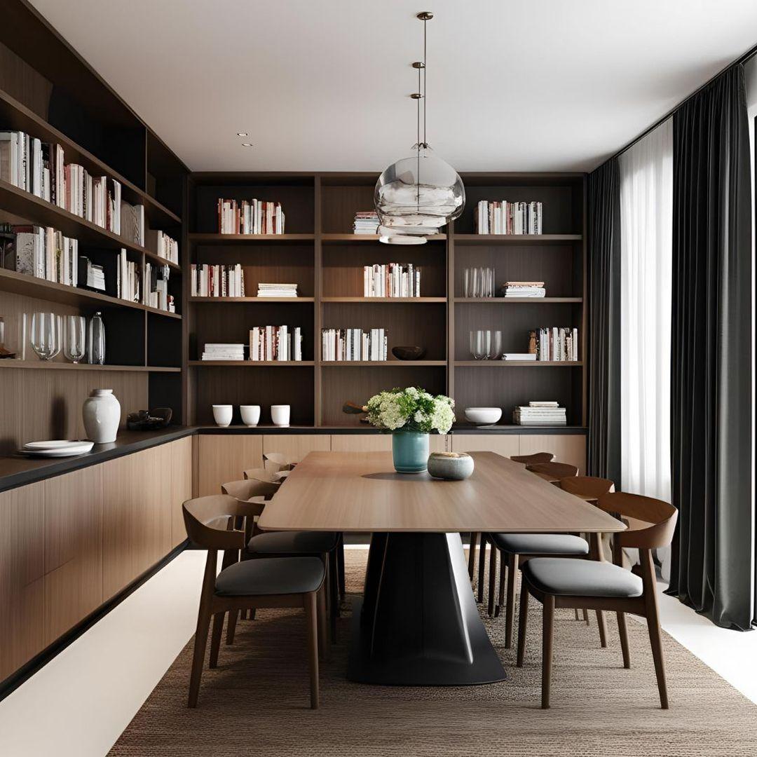 A Modern Dining Room Design with an Open Bookshelf