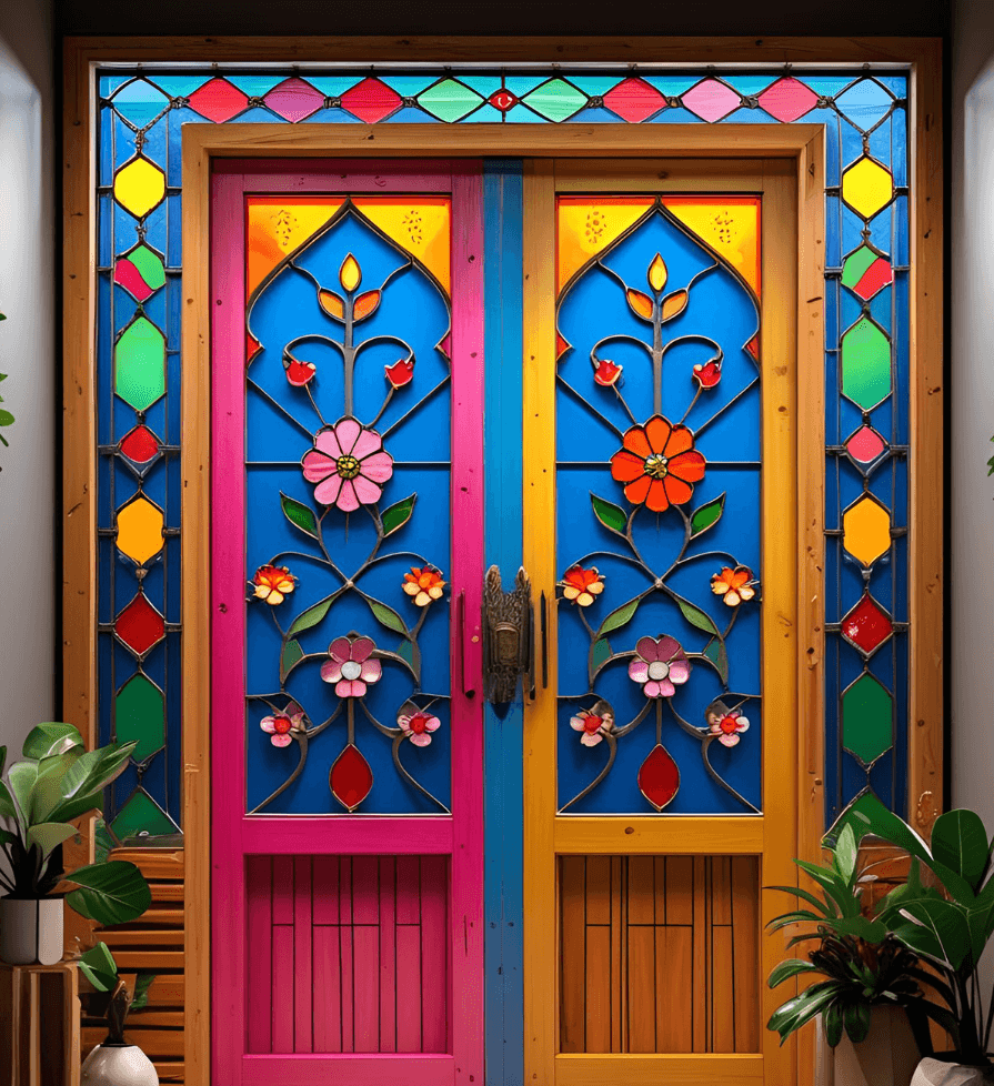 Colorful Jali Doors with Stained Glass Trims and Floral Elements.png