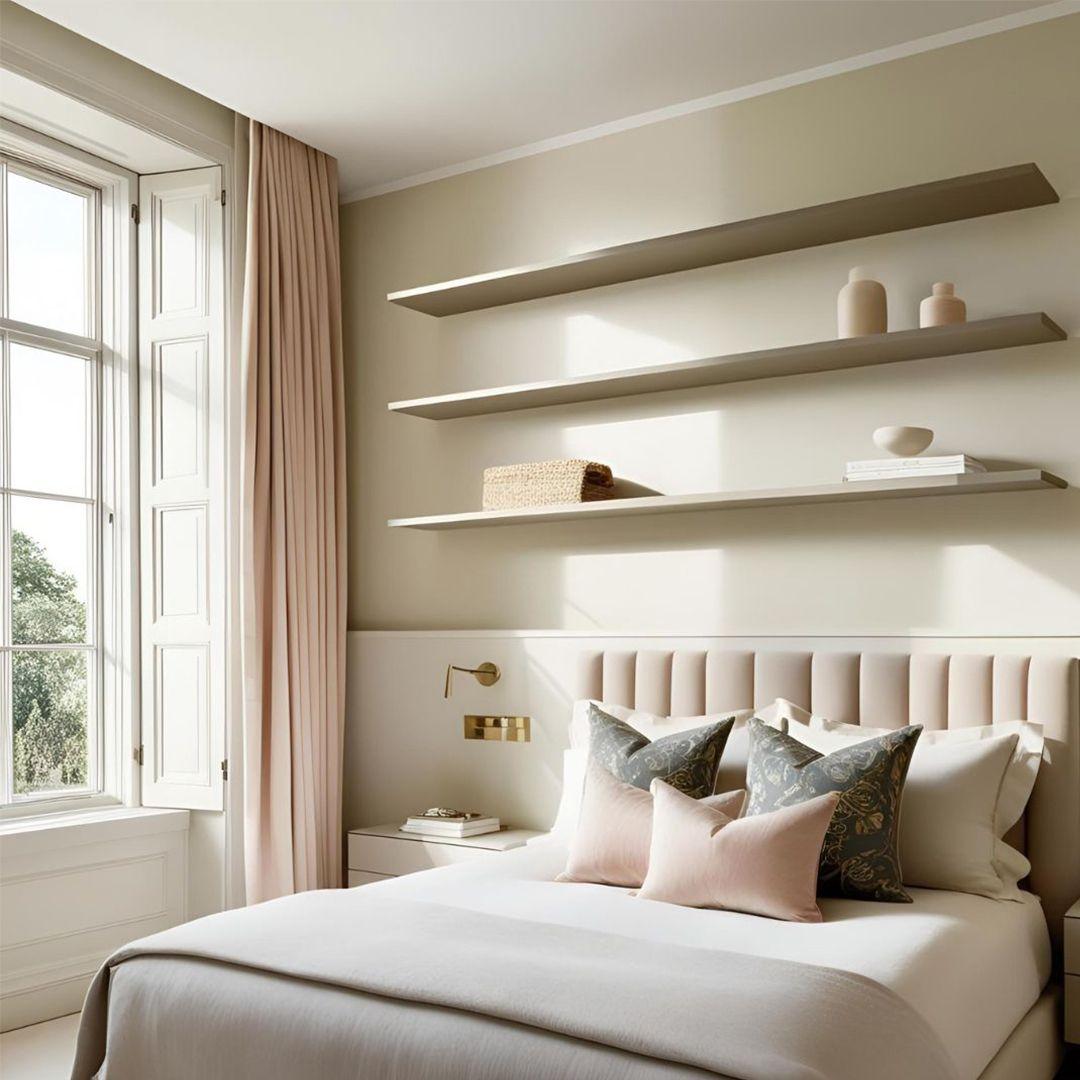 Elegant Bedroom Featuring Modern Wall Shelves