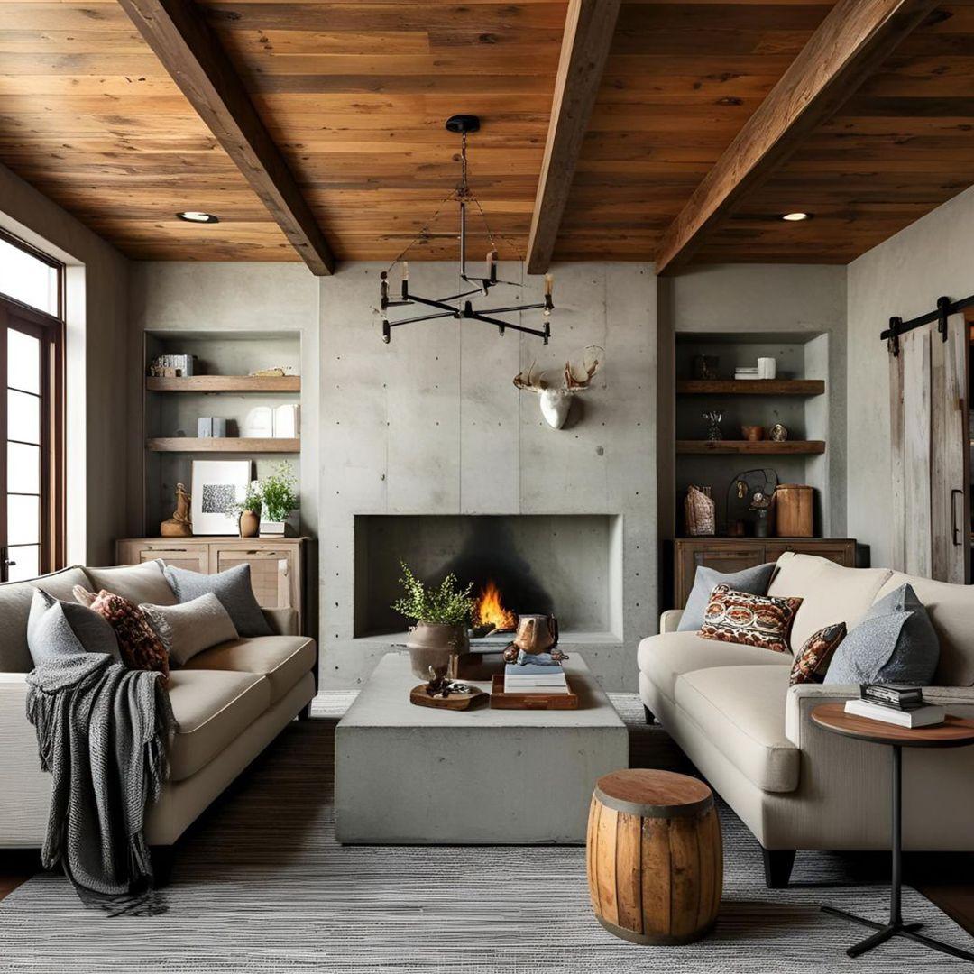 Rustic Living Room Featuring Wooden Ceiling and Concrete Décor