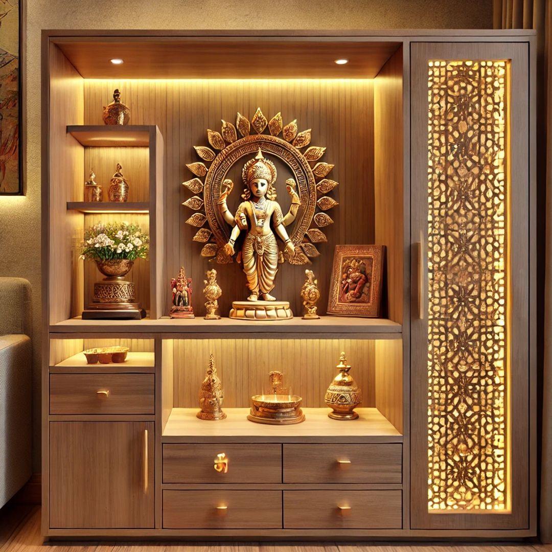 Small Pooja Unit Ideas with Drawers and Cabinets