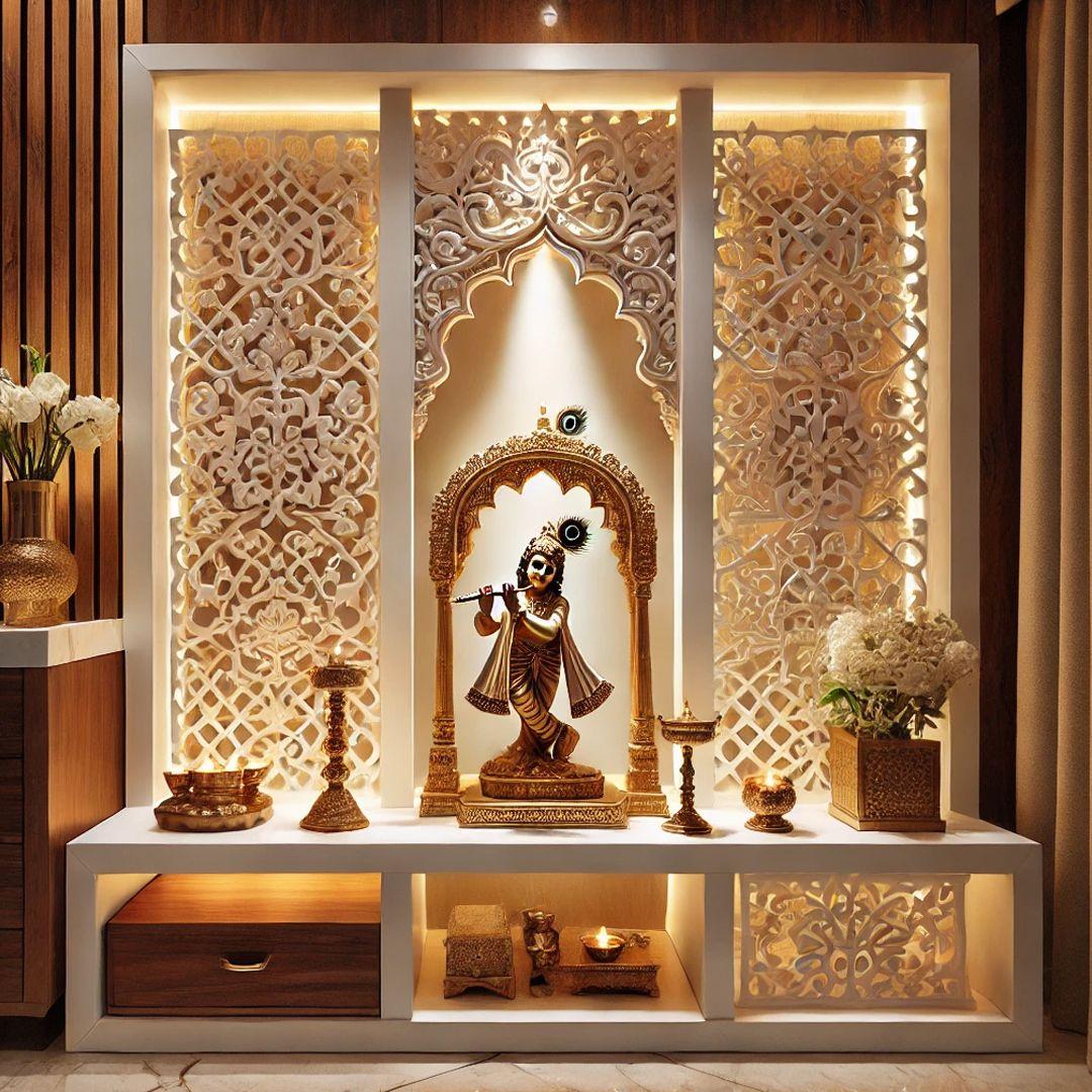 Puja Unit with White Jali and Wooden Stand